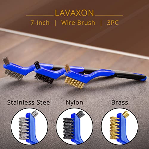 Lavaxon Wire Brush Set 3Pcs - Nylon/Brass/Stainless Steel Bristles with Curved Handle Grip for Rust, Dirt & Paint Scrubbing with Deep Cleaning – 7 Inches (Blue) - color: Blue
