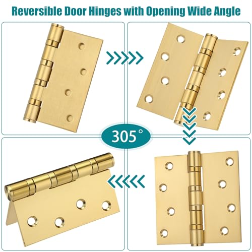 6 Pack Gold 4'' Ball Bearing Door Hinges, 4 x 4 Inch Exterior Door Hinge - color: Gold
