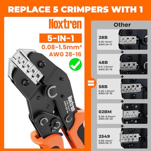 5-in-1 Wire Crimping Tool, AWG 28–16 Ratcheting Pin Crimper for Non-Insulated Open Barrel Terminals – Fits JST XH/PH/SM/SYP, Dupont, Molex, AMP, TE, Deutsch & More Automotive Wire Connectors