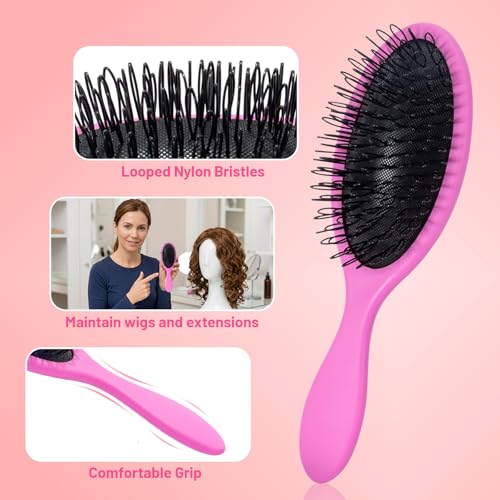 SIMPOR 3 PCS Wig Brush Comb Set, Hair Wig Comb Set for Synthetic, Professional Extension Loop Brush 3 Row Wire Brushes for Human and Synthetic Hair - color: Pink
