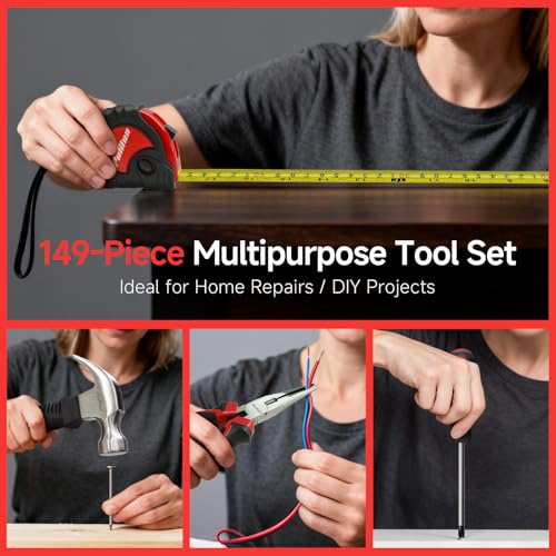 PULITUO 149-Piece Home Drill Set with Red 12V Cordless Drill, Hand Tools & Tool Box, Tool Kit for Women & Men and DIY Enthusiasts, for Home Improvement - style: 12V Set(Red)