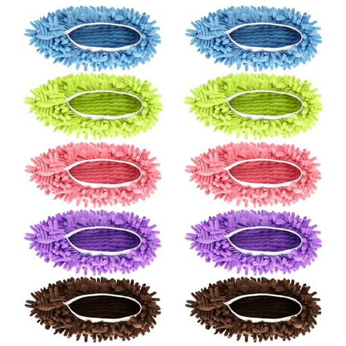 Mop Slippers Shoes, 5 Pairs (10 Pieces) Microfiber Shoe Covers - color: A-purple, Green, Pink, Blue, Orange 10 Pack