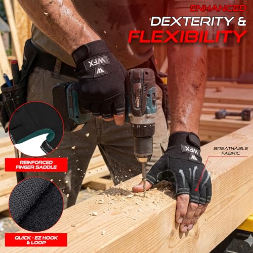 WFX Tough Fingerless Performance Gloves Protection Work Gloves, Padded Palm, Half-Finger Non-Slip Working Men Women - size: Medium