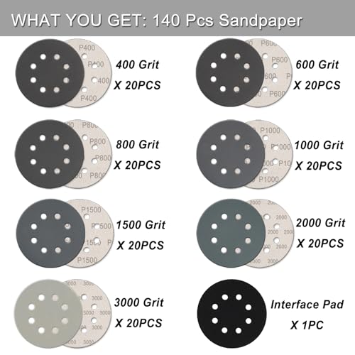 140Pcs 5 Inch Sanding Discs Hook & Loop 8-Hole Wet Dry Sandpaper Assortment - style: 140Pcs 400-3000 Grit (Mixed)