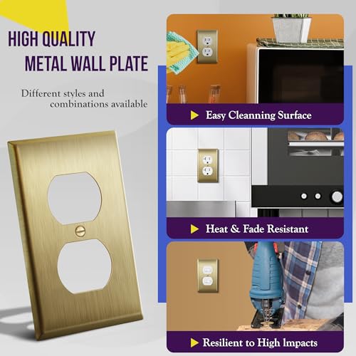ENERLITES Duplex Receptacle Outlet Metal Wall Plate, 1-Gang, Brushed Brass - color: Brushed Brass, size: Standard Size