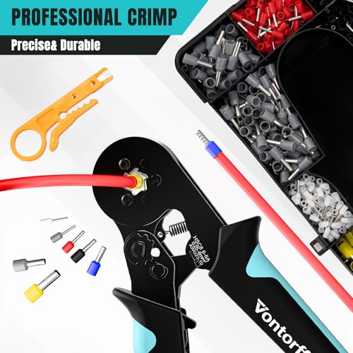 Ferrule Crimping Tool Kit，Wire Ferrules Crimper Kit with 1400PCS Electrical Pin Terminal Ends Ferrell Connectors，HSC8 6-6A Crimp Pliers Gauge Awg 23-10 Hexagonal Ratcheting Pliers Set Car Audio