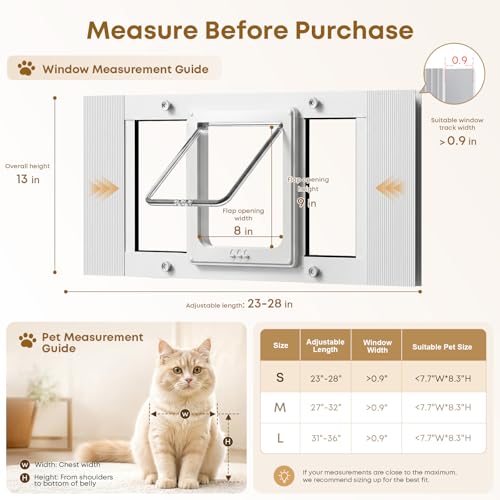 Cat Door for Window, Adjustable 23"-28", 4 Locking Modes + Extra Security Lock for Outside Safety, Window Pet Door with Magnetic Self-Closing, No-Drill Installation, Weatherproof Aluminum Frame Insert - size: 23-28 inches
