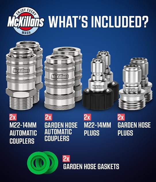 McKillans® 2025 Automatic M22-14mm Pressure Washer Quick Connect Kit - M22 to 3/8 Quick Connect Pressure Washer Fittings - Power Washer Accessories - Hose Adapter Set - 8-Piece Kit (Stainless Steel) - color: Automatic Quick Connects