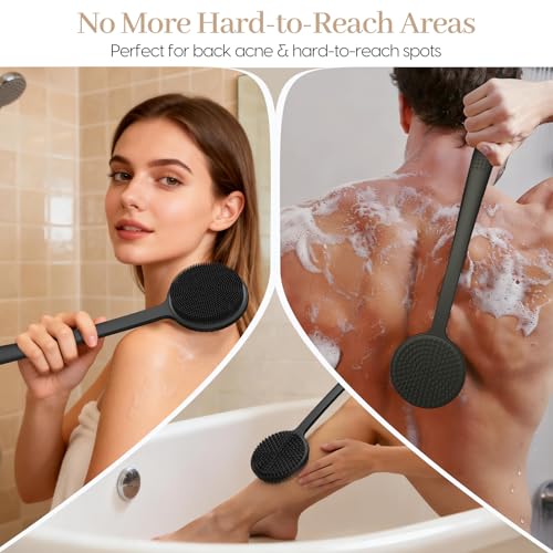 Back Scrubber for Shower & Face Scrubber, 2Pcs Silicone Exfoliating Brush Set with 17In Long Handle, Soft Body & Facial Cleansing Scrubber for Men Women - color: Back Scrubber