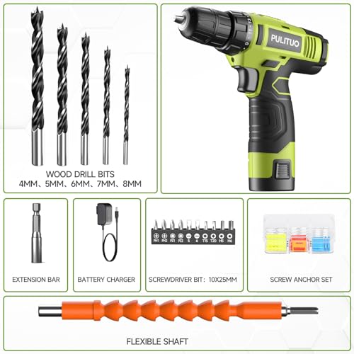 PULITUO 12V Green Cordless Drill Set Power Drill Kit with Battery and Charger,electric drill home improvement,3/8-Inch Keyless Chuck,Built-in LED,21+1 Torque Setting - style: 12v Drill (Green)