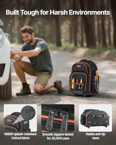 VEVOR Rolling Tool Backpack, 110 lbs Load Capacity, 45 Pockets Heavy Duty Roller Tool Bag on Wheels, Adjustable Telescoping Handle & Stable Base, Toolbag Organizers for Construction, Mechanic - style: Tool Backpack