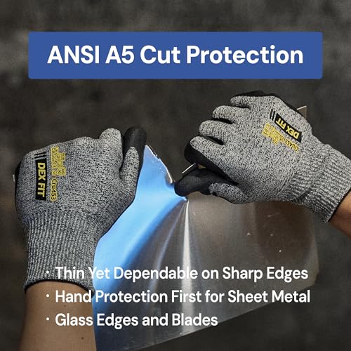 DEX FIT Cut Resistant Gloves Cru453 - ANSI A5, 3D Comfort Fit, Power Grip, Thin & Breathable, Touchscreen - Mechanic, Warehouse, Package Handler Gloves for Men & Women; Gray, L (9), 1 Pair - size: Large
