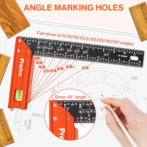 Preciva 12" Aluminum Carpenter Square (1/16" Scale)- Multifunctional Right Angle Ruler with Level Bubble - Angle Guides for Woodworking, Framing & DIY