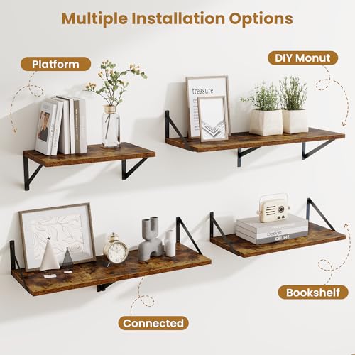 Acovy 48inch Floating Shelves for Wall,10" Deep Floating Shelves with Metal Brackets,Wall Mounted Hanging Floating Shelf,Wide Display Shelves for Living Room,Bedroom,Office,Kitchen,Rustic Brown - color: Rustic Brown, size: 48"Wx10"D-2pcs