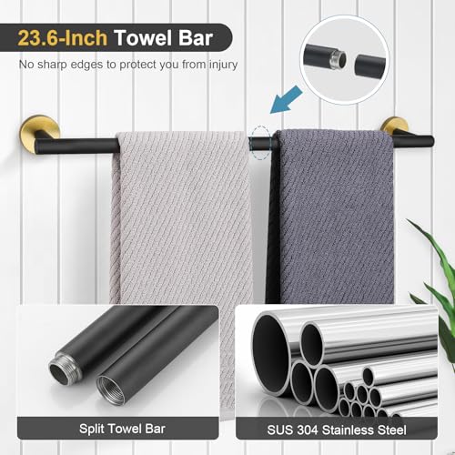 TQKAG Black and Gold Bathroom Hardware Set, 6-Piece Towel Bar Set 23.6 Inch - color: Black+gold, size: 6-Pieces Set