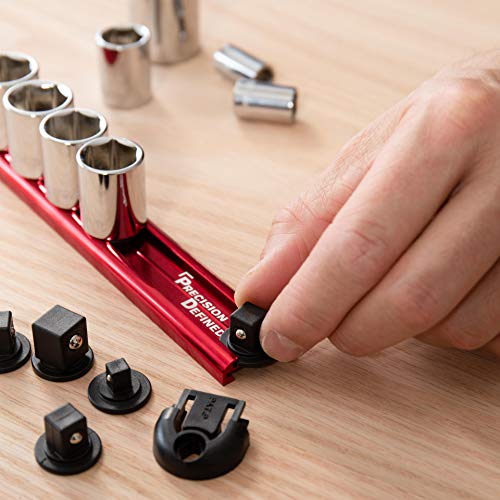 Precision Defined Aluminum Tool Socket Holder 3-Piece Set | Red, 1/4-Inch x 16 Clips, 3/8-Inch x 16 Clips, 1/2-Inch x 14 Clips | 360 Rotation - Heavy Duty Socket Rails Organizer, Socket Storage - color: Red