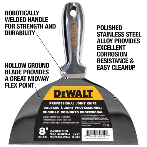 DEWALT 8" All Stainless Steel Joint Knife | One-Piece Premium Polished Metal Putty Blade | 2-408 - size: 8-Inch