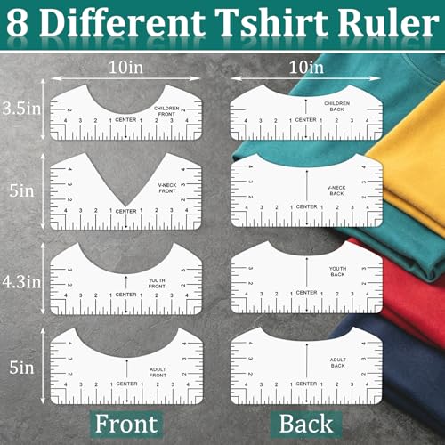 Phinus Tshirt Ruler 8P, White PVC Shirt Measurement Tool for Heat Press, V-Neck/Round T-Shirt Ruler Guide with Soft Tape and Pens for for Alignment, Front and Back Measurement