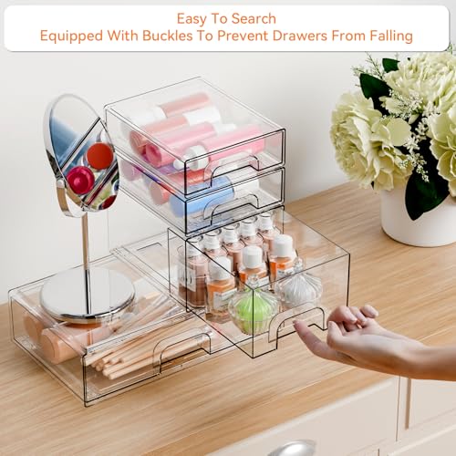 Yieach 4 Pack Clear Stackable Storage Drawers,Pull-Out Medicine Cabinet Organizer and Containers,Large Acrylic Organizers Drawers and Bathroom Closet Organizers for Hair Accessories,Makeup Organizer - style: 4 PACK