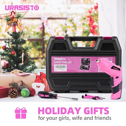 URASISTO 123 Piece Pink Household Tool Set with 3.6V USB Electric Screwdriver, Home Tool Kit with Cordless Lithium-ion Drill Driver, HandTool Kits for Women - size: 123 Piece