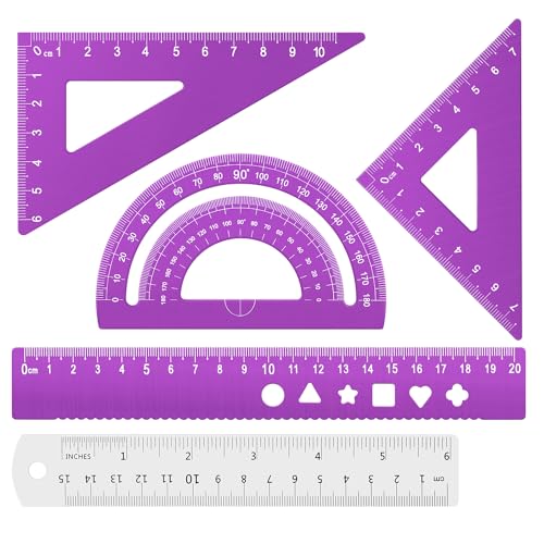 Honagu Triangular Ruler Set, 4+1Pieces Aluminum Alloy Ruler, Metal Drafting Ruler, Geometric Protractor for Students, School Office Supplies (Purple, 20cm) - color: Purple