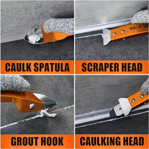4 in 1 Silicone Caulking Tool Kit, Stainless Steel Caulk Remover Tool | Durable Construction, Quick & Easy to Use, 5 Replaceable Silicone Pads, Protective Gloves, Remove, Apply & Finish Caulk - color: Orange