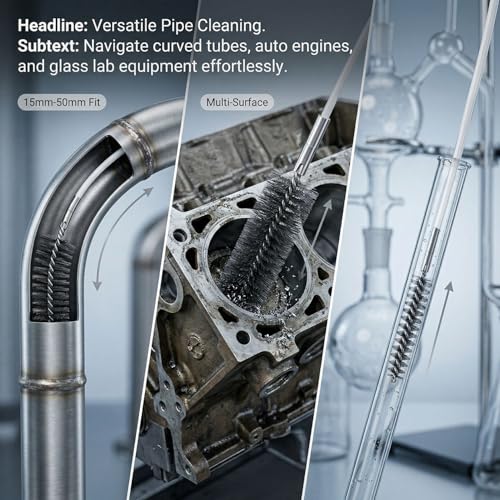 QWORK 50" Pipe Cleaning Brush Set with Stainless Steel Bristles and 4 Flexible Rods, Wire Tube Brush Kit for Auto Parts Bottles Valves Pipes Lab Equipment, 4 Brush Heads 3/5" 1" 1-3/5" 2"