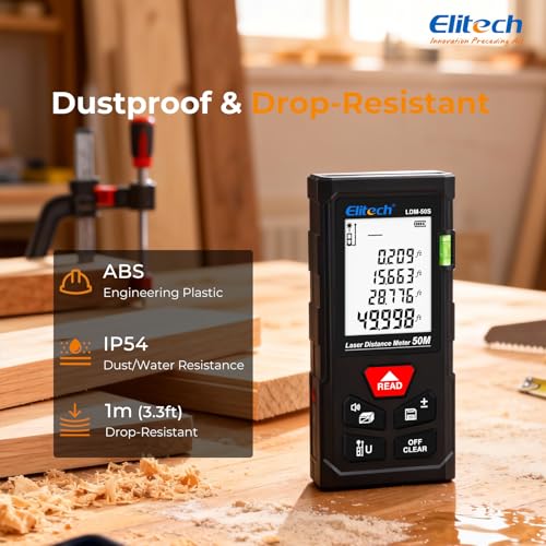 Elitech Laser Tape Measure, 165ft Laser Distance Meter with Bubble Level - style: Standard