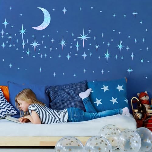 Retro Star Moon Wall Decals Sparkle Art Stickers Mid Century Modern Decor - color: Blue Star and Moon