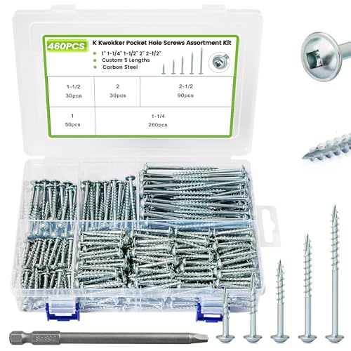 460Pcs Pocket Hole Screws, 1" 1-1/4" 1-1/2" 2" 2-1/2" Wood Screws Assortment Kit #8 Coarse Thread Zinc Pocket Screw Jig Kit, Square Drive, Self Tapping, Indoor Internal, w/ 150MM Drive Bit - size: C. #8