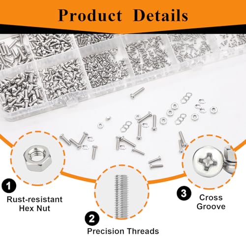 1010Pcs 304 Stainless Steel M1 M1.6 M2 M2.5 Metric Micro Screws Nuts Assortment, Hex Nuts, Small Machine Screws, Flat & Spring Washers for Arduino, RC Models, Electronics and DIY - size: 1010pcs