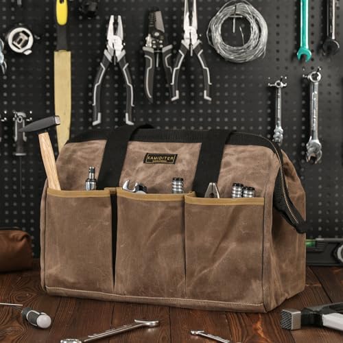 Tool Bag, 15-inch Heavy Duty 16oz Waxed Canvas Wide Mouth Water-Resistant Tool Bag, Tool Tote with Handle for Tools, Wrenches, Screwdrivers (15 X 7.8 X 11.5 inch) | Grey - color: Grey, size: 15 Inch