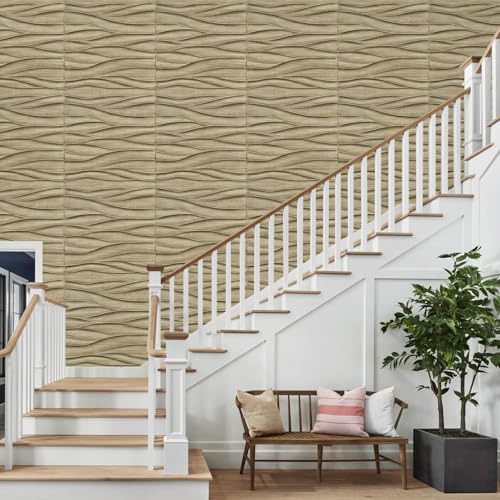 STICKGOO Wave 3D Wall Panels, Natural Oak, 19.7''x19.7'' - color: Wood