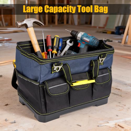 Garvee Heavy Duty 19 Inch Tool Bag with Waterproof Plastic Molded Base, Oxford Fabric Wide Mouth Tool Tote Organizer with Adjustable Shoulder Strap, for Men Mechanic Contractor, Blue