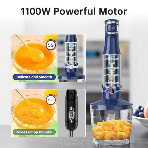 Turelar Immersion Blender Handheld 5 in 1 Hand Blender Set 1100W Heavy Duty - color: Navy Blue, size: 5 in 1