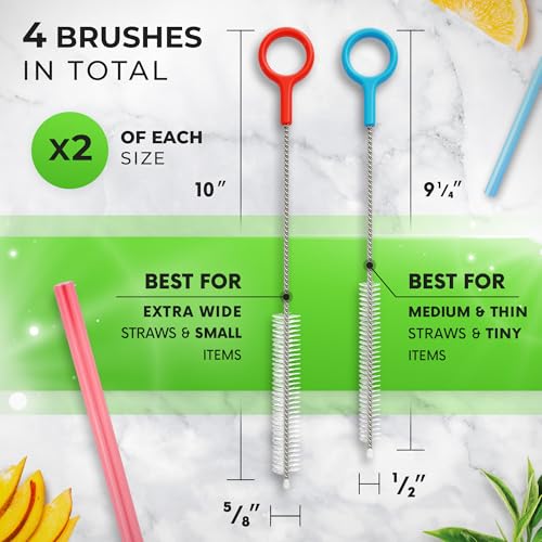 Buenalife Heavy Duty Cleaning Brushes Set of 4 - Extra Long Straw Cleaners for Metal and Plastic Reusable Drinking Straws, to Clean Small Spaces, Sippy Cups, Water Bottles - Sturdy Hard Brush Bristles - color: Blue & Red
