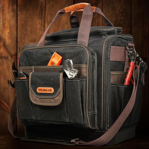 WELKINLAND 54Pockets Electrician Tool Bag, Waterproof Hard Bottom Tool Bag | Wax-Canvas Heavy Duty Tool Bags, 50L Tool Bag Hvac Technician, Work Tool Bag For Men, Technician Tool Bags, Plumber Tools Bag
