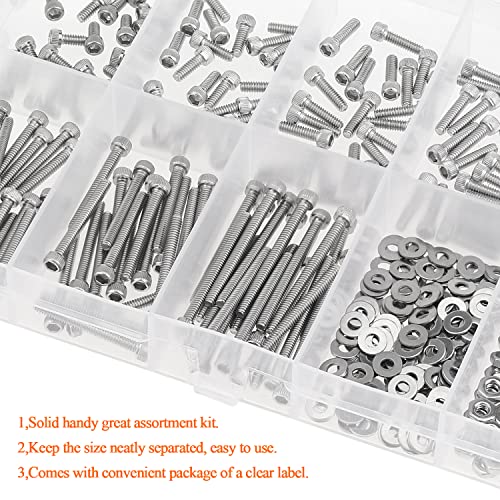HELIFOUNER 250 Pieces #2-56 x 3/16" 1/4" 5/16" 3/8" 1/2" 5/8" 3/4" 1", Hex Socket Head Cap Screws Bolts Washers Nuts Kit, Coarse Thread, Fully Machine Threaded, 304 Stainless Steel - size: #2-56, style: Socket Head