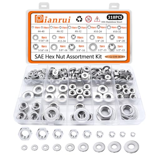 Dianrui 310PCS SAE Hex Nuts Assortment Kit with Flat Washers, 10 Size 304 Stainless Steel Hexnut Set Hardware Nuts #4-40,#6-32,#8-32,#10-24,#10-32,#12-24,1/4''-20,5/16''-18, 3/8''-16,1/2''-13 - size: 310PCS SAE Kit (#4-40—5/16''-18)
