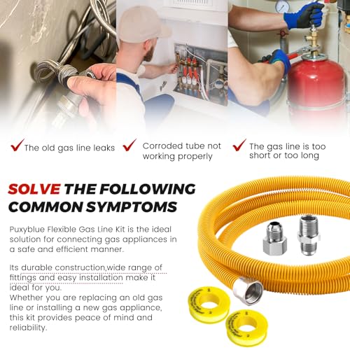 Puxyblue [2026 New] 72" Flexible Gas Line Kit for Dryer Stove Range Water Heater - 1/2" OD(3/8" ID) Flexible Stainless Steel Gas Dryer Kit Come with 1/2" MIP & 1/2" FIP Additional Raw Belt - size: 72 inches