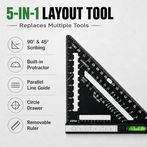 7 Inch Rafter Square with Level – Aluminum Alloy Carpenter Triangle Ruler, Woodworking Layout Tool with Detachable Stainless Steel Ruler & Anti-Glare Matte Finish for Framing, Marking & Measuring