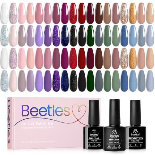 Beetles Gel Nail Polish Set 36 Colors Neutral Elegance Gel Polish Kit | Burgundy Red Blue Green Brown Gold Glitter Pink Gel with Base & Top Coat UV LED Needed Manicure Gifts for Women - color: 0- Neutral Elegance