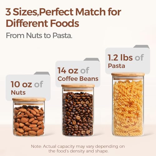 ComSaf Glass Pantry Storage Containers (0.7Qt/1.2Qt/1.6Qt) Set of 6, Square | Glass Storage Containers with Lids, Kitchen Canisters, Pantry Jar, Bamboo Lid with Silicone Seal, Flour Cereal Tea, BPA Free - size: 0.7Qt*2/1.2Qt*2/1.6Qt*2