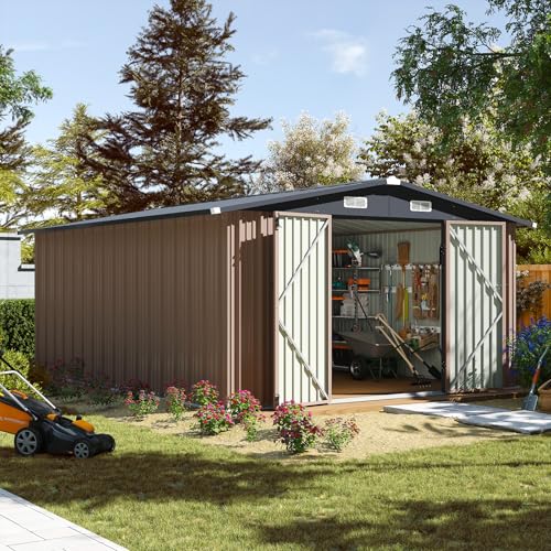 Aoxun 10 x 12FT Outdoor Storage Shed with Double Hinged Large Door, Brown