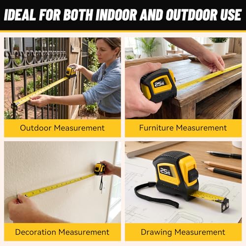 GRENPRO 25FT Magnetic Tape Measure, Double-Sided 1/32", Nylon Coated Blade - color: Yellow
