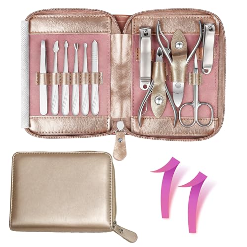 Manicure Set 11 in 1 Stainless Steel Nail Clippers for Men，Manicure Kit for Women，Nail Grooming Kit，Nail Clipper Set，Personal Care Tools（Champagne Colour） - color: Champagne Colour
