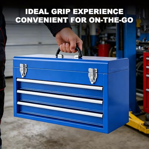 BIG RED ANTBD133-XU Torin 20" Portable Metal Tool Box/Tool Chest with 3 Drawers with Metal Latch Closure for Garage, Home and Workbench,Blue
