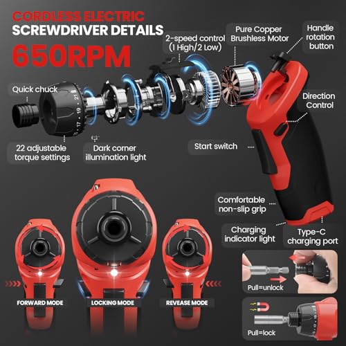 UNIWA Cordless Electric Screwdriver Rechargeable, 650 RPM Power Drill-Red - color: Red