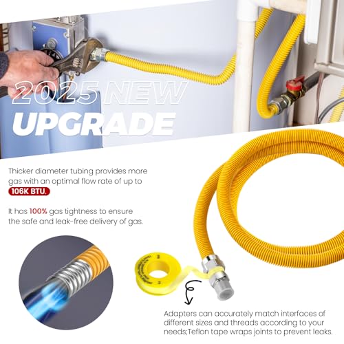 Puxyblue [2026 NEW] 48" Flexible Gas Line Kit for Dryer Stove Range Water Heater - 1/2" OD(3/8" ID) Flexible Stainless Steel Gas Dryer Kit Come with 1/2" MIP x 1/2" FIP Additional Raw Belt - size: 48 inches