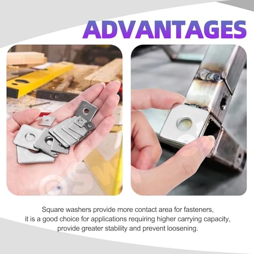 Swpeet 100Pcs 15 Sizes M3 M4 M5 M6 M8 M10 M14 304 Stainless Steel Silver Squares Washer with Round Hole Assortment Kit, Square Plate Washers Rectangular Pad Spacer Gasket Washer for Hardware Fastener